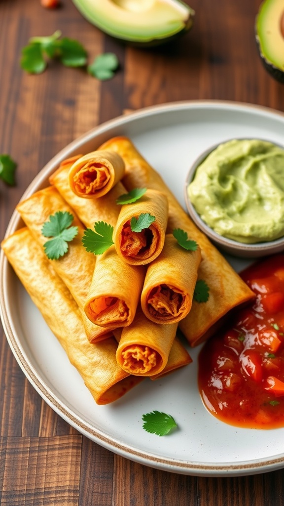 Crispy air fryer chicken taquitos on a plate with salsa and guacamole.